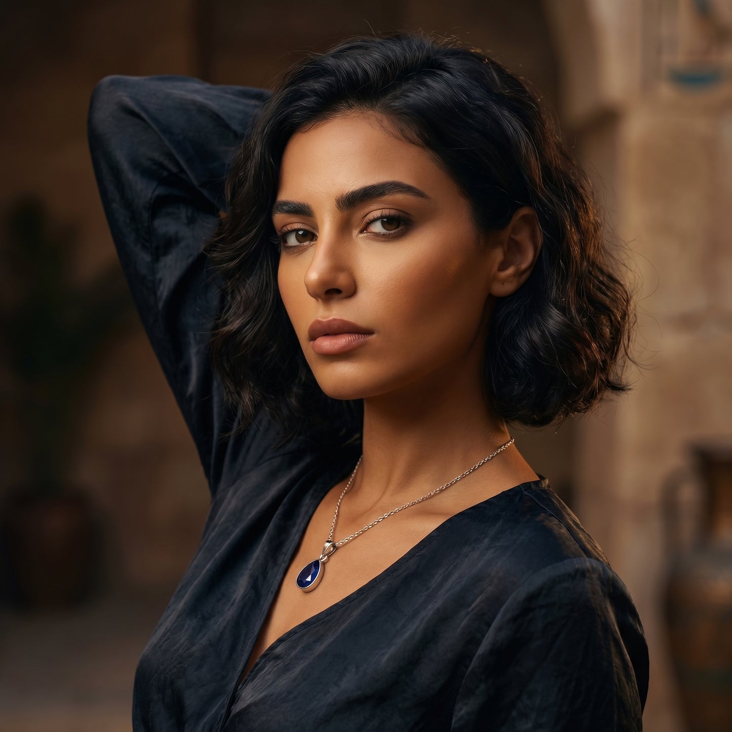 Pear Cut Blue Sapphire Charm Necklace