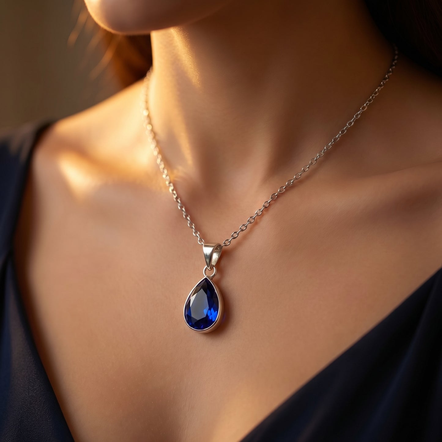 Pear Cut Blue Sapphire Charm Necklace