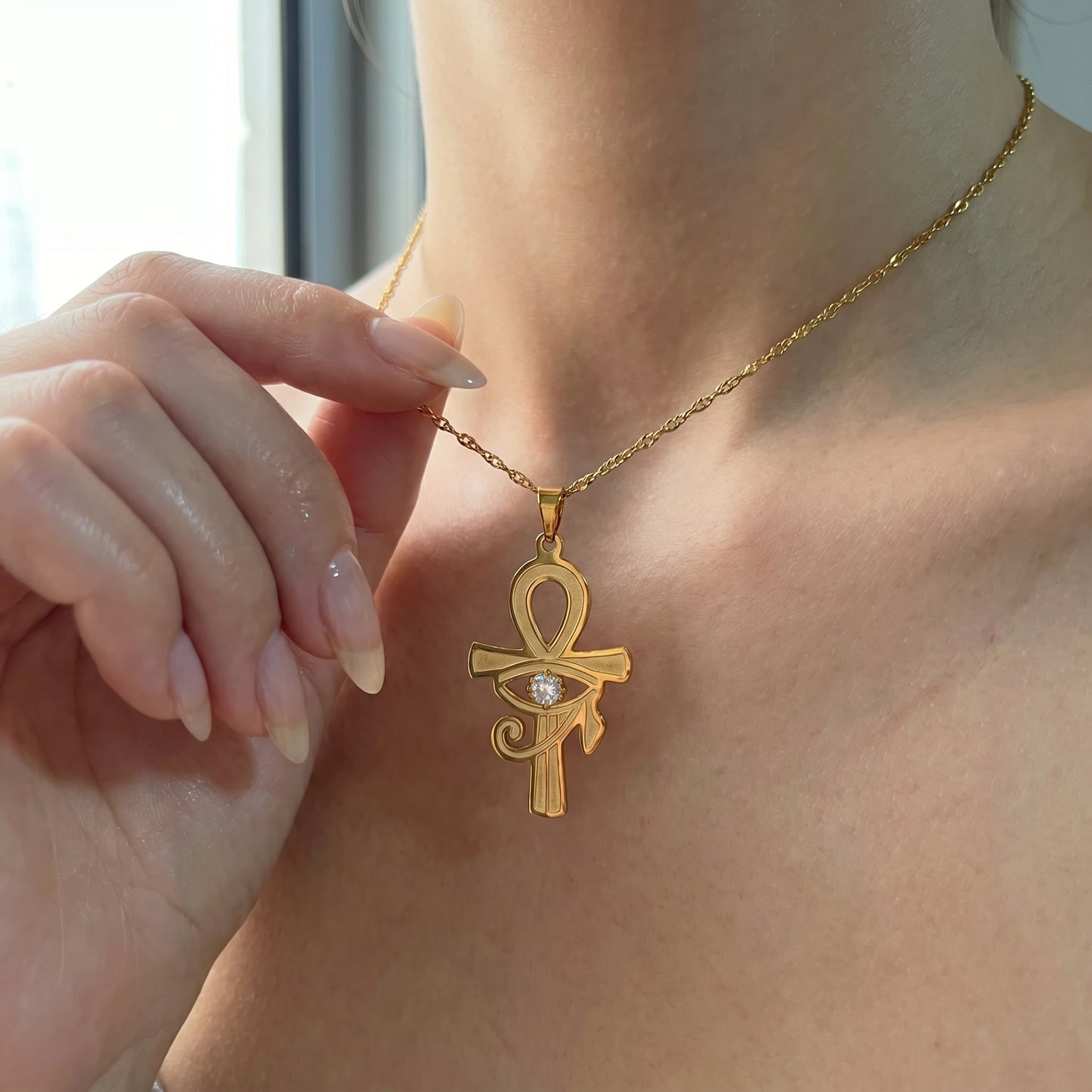 Ankh Matt With White Stone Necklace
